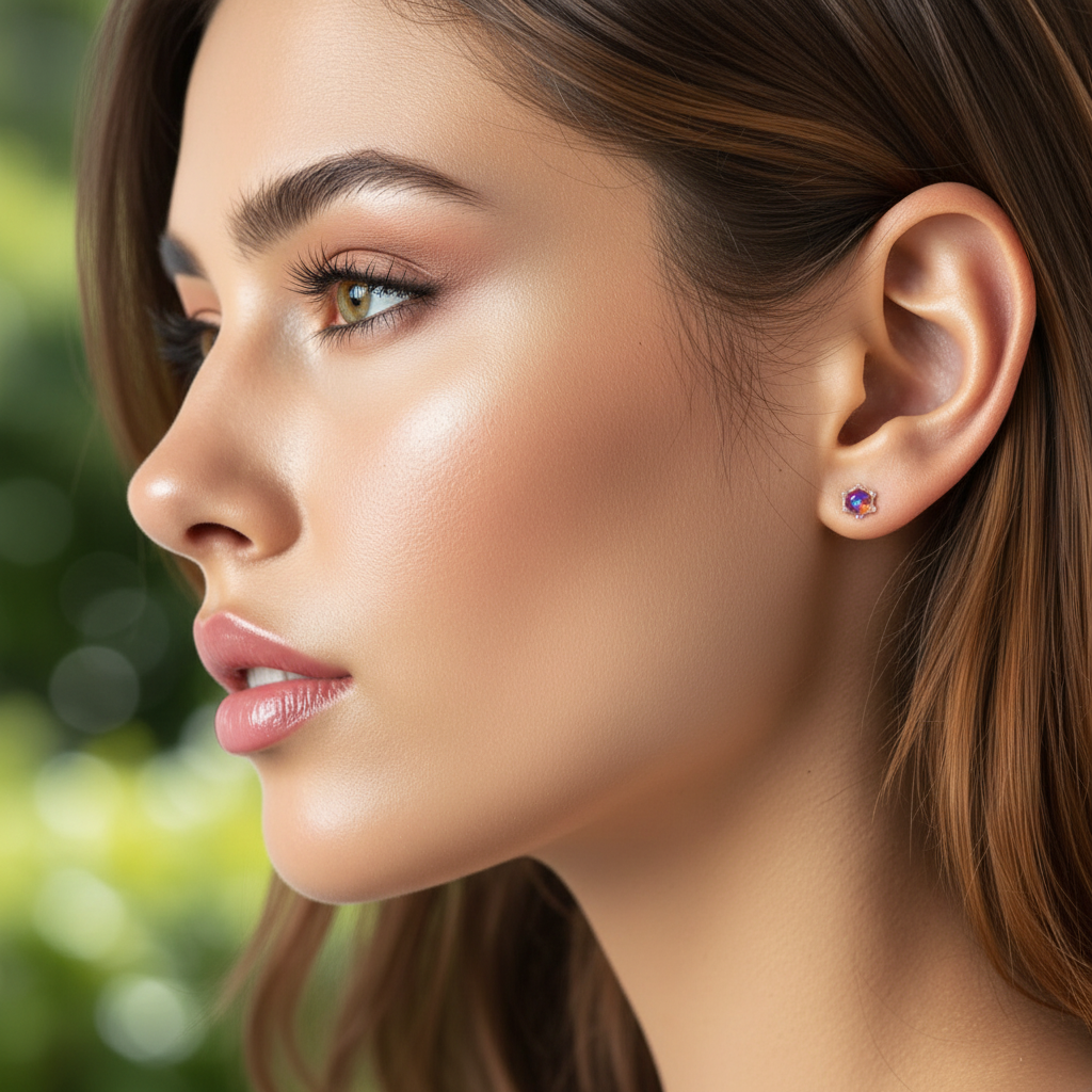 Close-up of a model with opal earrings 