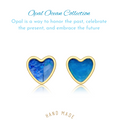 Heart-shaped blue opal earrings with gold rims on a white background, featuring LAMSOPAL branding.