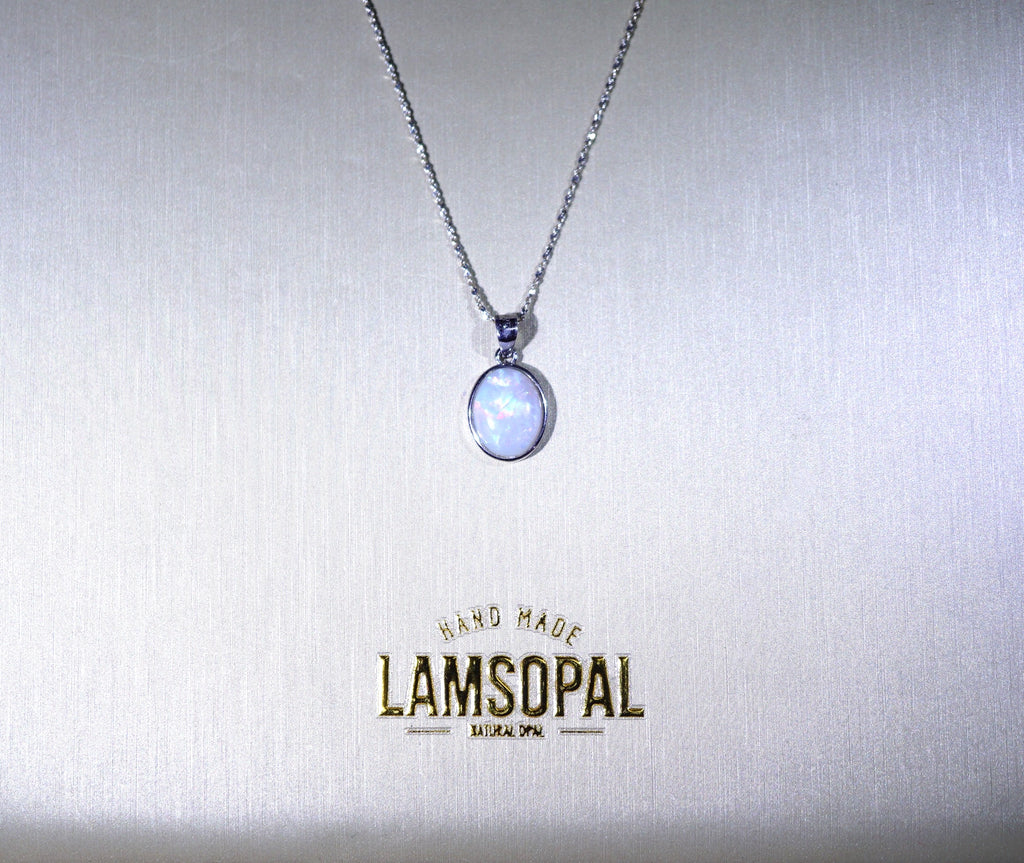Necklace with Opal pendant on a white background featuring 'LAMSOPAL' branding.