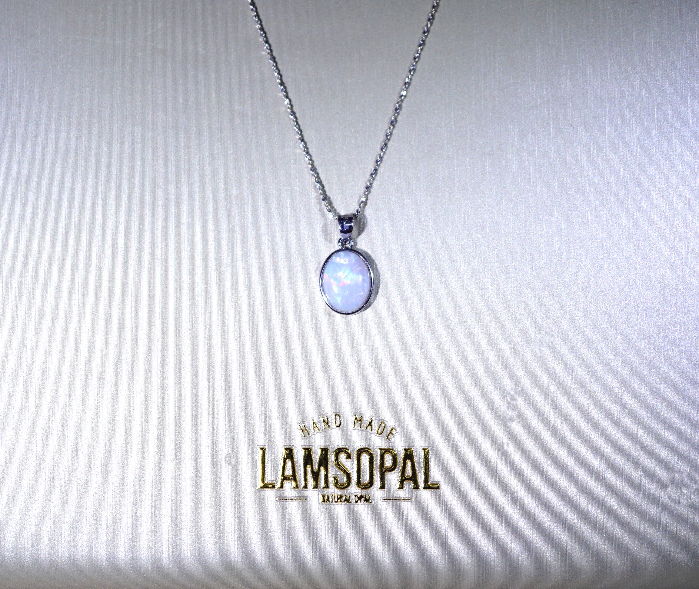 Necklace with Opal pendant on a white background featuring 'LAMSOPAL' branding.