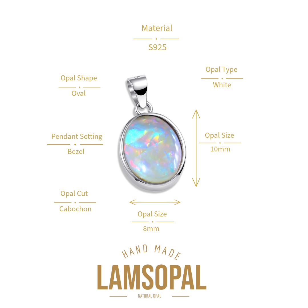 Opal pendant with detailed specifications on a white background, featuring the brand 'LAMSOPAL'.