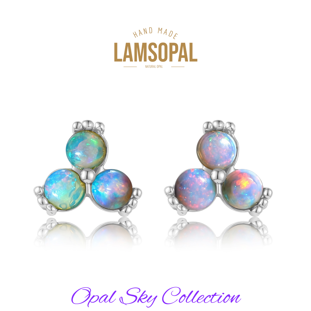 Opal earrings with 'LAMSOPAL' branding on a white background