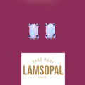 A pair of oval opal stud earrings in silver prong settings, displayed above a white label that reads 'HAND MADE LAMSOPAL NATURAL OPAL' on a solid magenta background.