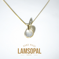 A gold chain necklace with a circular pendant featuring a milky white iridescent stone, displayed on a clean white background with 'HAND MADE LAMSOPAL NATURAL OPAL' text below.