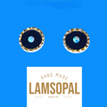 Two handmade circular stud earrings with iridescent blue opal centers and textured gold-rimmed edges, shown above a white label reading 'HAND MADE LAMSOPAL NATURAL OPAL' on a bright blue background.