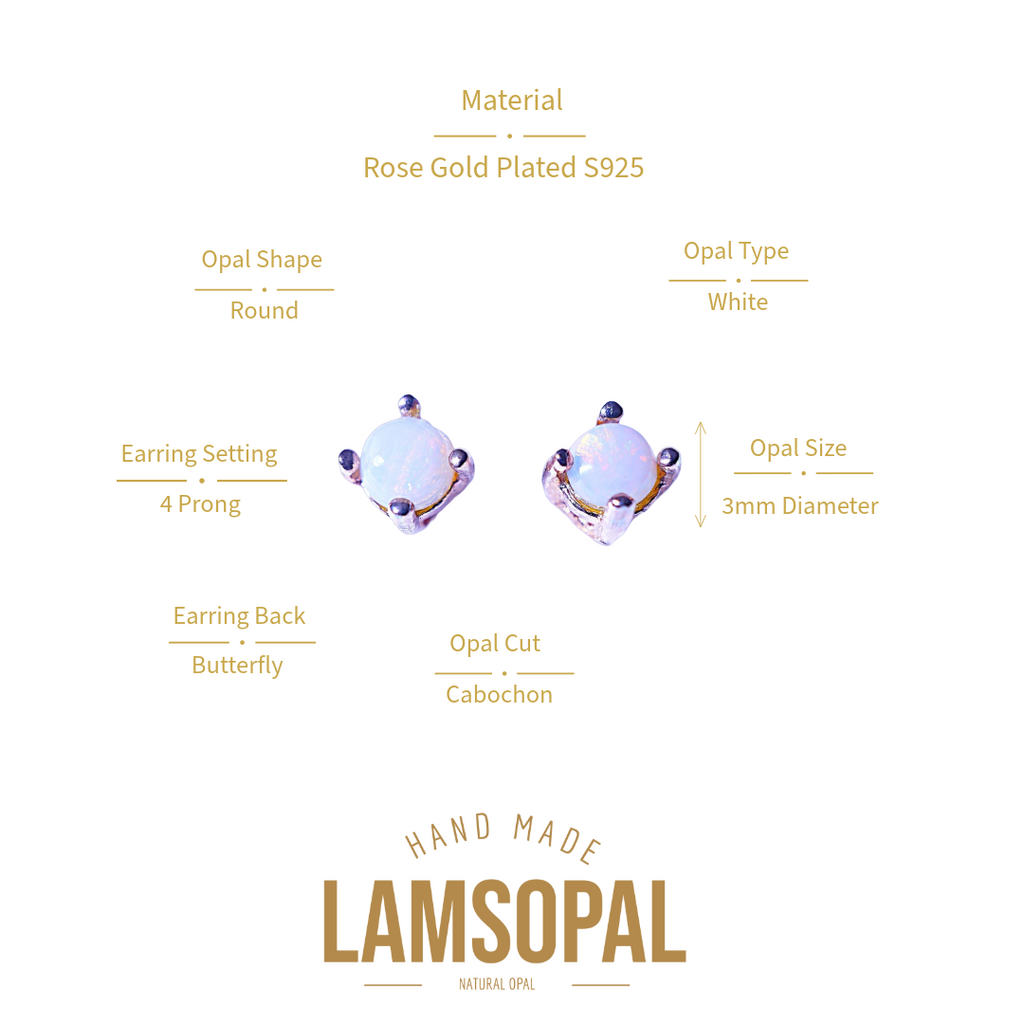 A product information graphic for Lamsopal Basal Opal stud earrings. The image shows two round cabochon opal studs with rose gold settings on a white background, surrounded by gold text labels detailing the material, opal type, prongs, size, and cut.