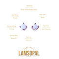 A product information graphic for Lamsopal Basal Opal stud earrings. The image shows two round cabochon opal studs with rose gold settings on a white background, surrounded by gold text labels detailing the material, opal type, prongs, size, and cut.