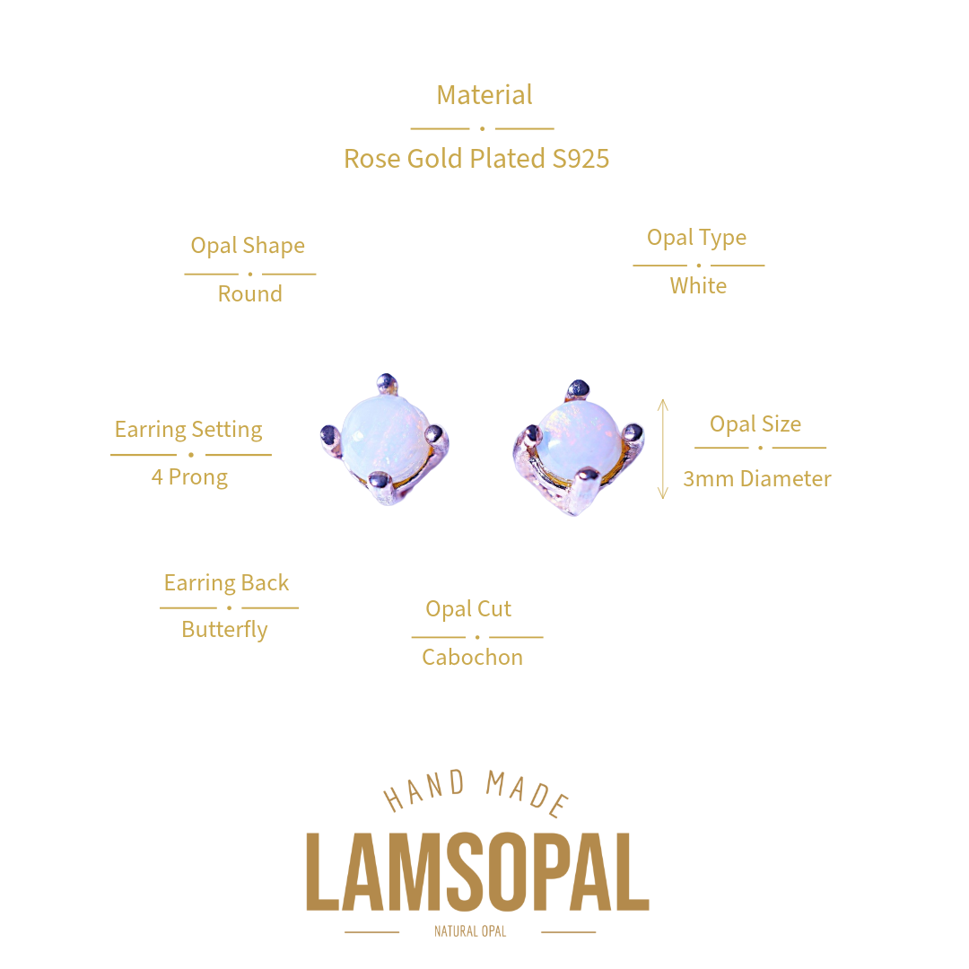 A product information graphic for Lamsopal Basal Opal stud earrings. The image shows two round cabochon opal studs with rose gold settings on a white background, surrounded by gold text labels detailing the material, opal type, prongs, size, and cut.