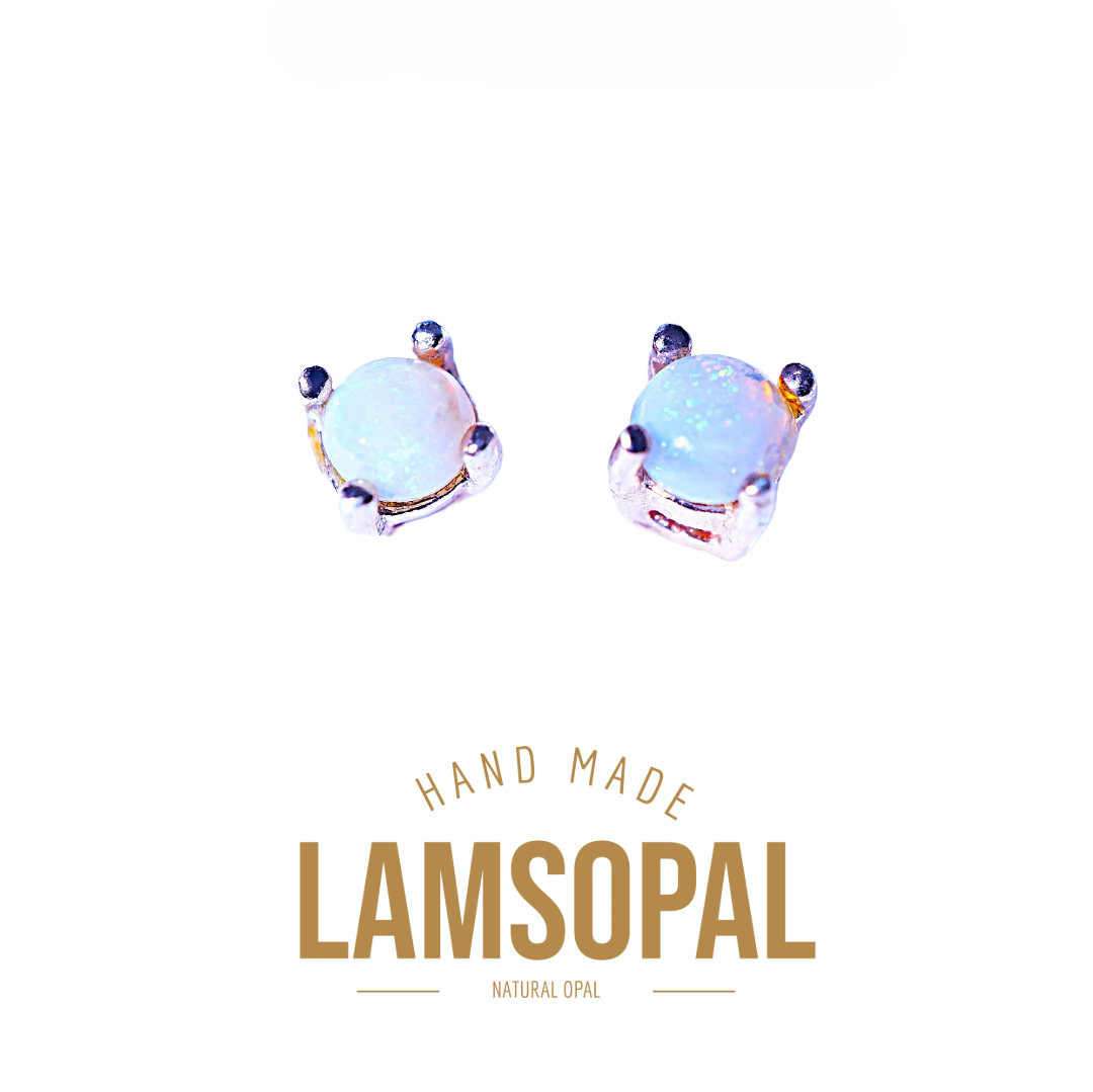 A pair of Lamsopal natural opal stud earrings in a gold-toned setting, displayed on a clean white background with 'HAND MADE LAMSOPAL NATURAL OPAL' text below.