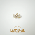 A pair of gold heart-shaped stud earrings with natural opal inlays, displayed on a clean white background with 'HAND MADE LAMSOPAL' text below.