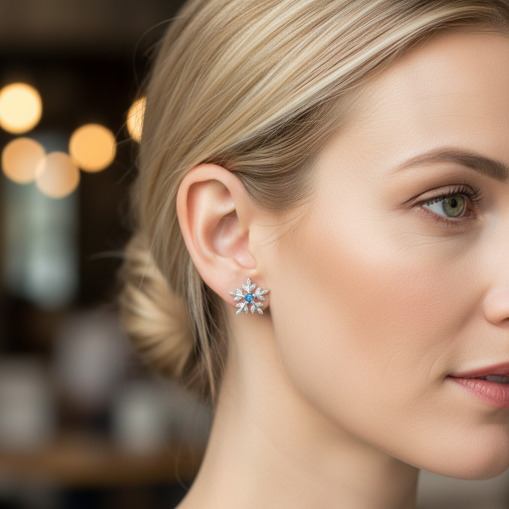 Close-up of a woman wearing a opal earring.
