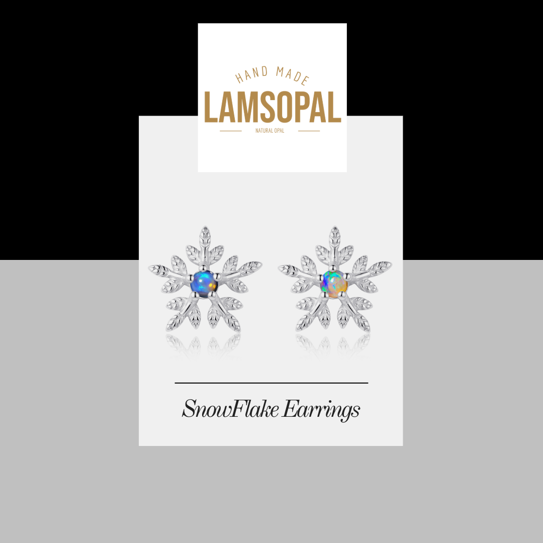 Snowflake opal earrings on a Lamsopal branded card with a gray background