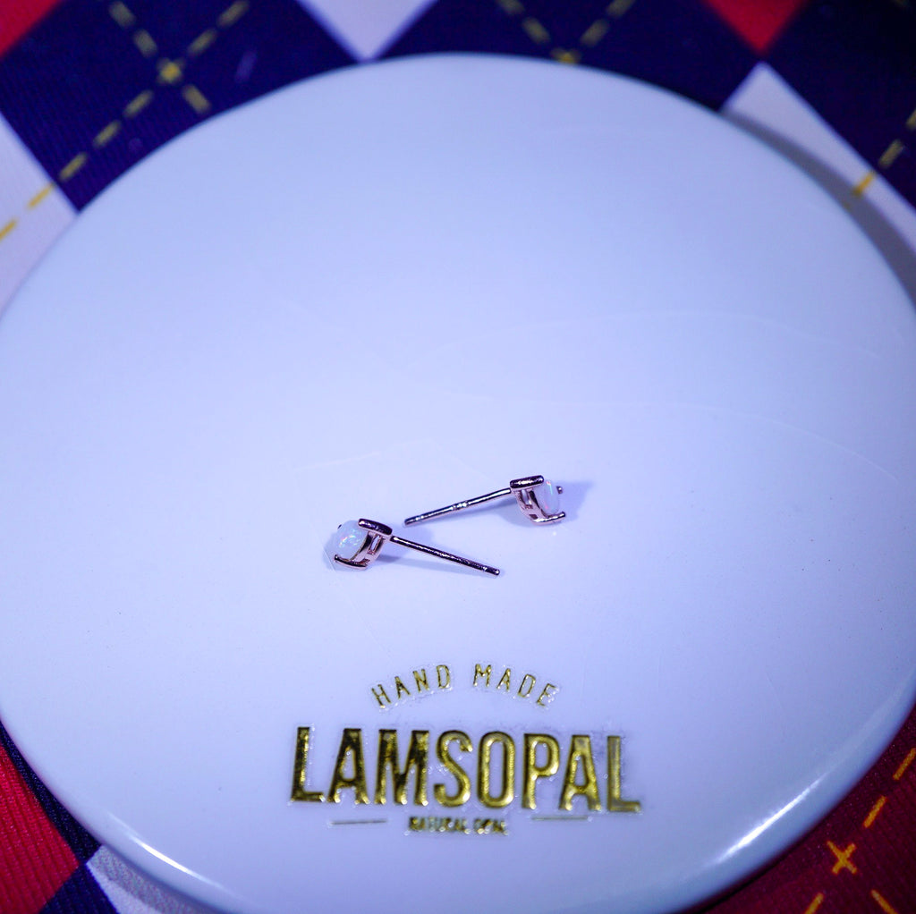 Earrings on a LAMSOPAL branded container with a checkered background