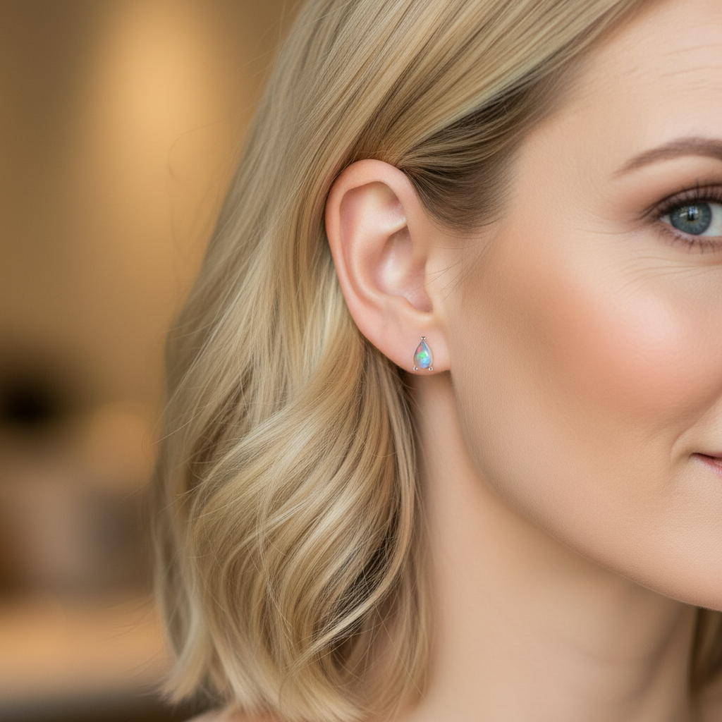 Close-up of a model wearing a Teardrops Opal Earrings