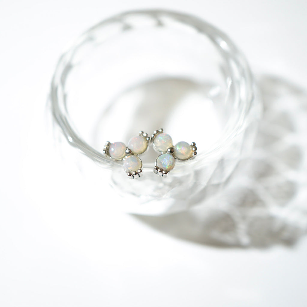 A pair of silver-toned stud earrings with five iridescent opal gemstones, displayed inside a clear glass bowl on a white background.