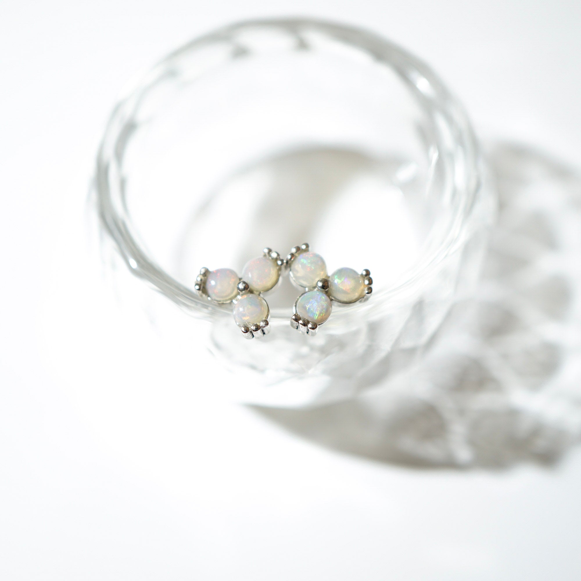 A pair of silver-toned stud earrings with five iridescent opal gemstones, displayed inside a clear glass bowl on a white background.