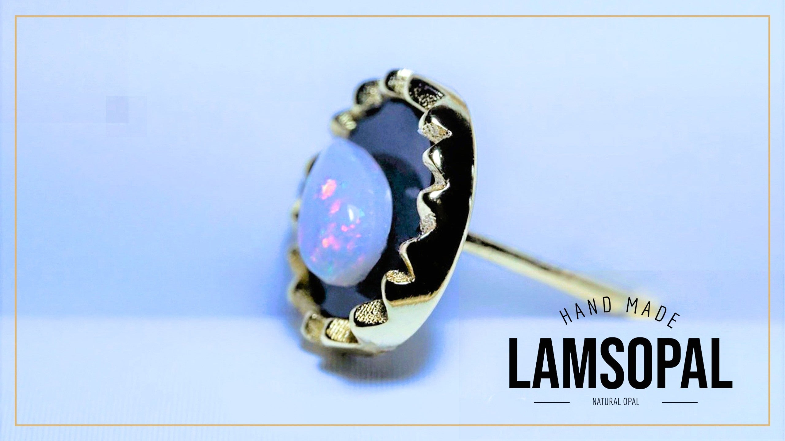 A single Lamsopal hand-made natural opal stud earring with a gold bezel setting and black backing, shown on a light blue background with a gold border and text overlay.