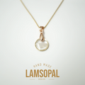 A delicate gold necklace with a teardrop-shaped clear gemstone pendant, displayed on a clean white background with 'HAND MADE LAMSOPAL' text below.