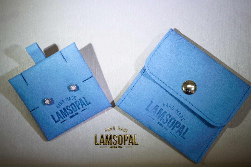Two light blue Lamsopal card cases on a light beige background, one standing upright with a tab and two rhinestone details, and the other lying flat with a snap button closure. A Lamsopal logo watermark is visible at the bottom.