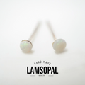 A pair of handmade stud earrings with round white natural opal cabochons on silver-toned posts, displayed on a clean white background with a 'LAMSOPAL' brand logo overlay.