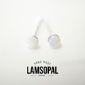 Two natural opal stud earrings with white opal cabochons and silver-toned settings, shown on a clean white background with a 'HAND MADE LAMSOPAL NATURAL OPAL' text overlay at the bottom.